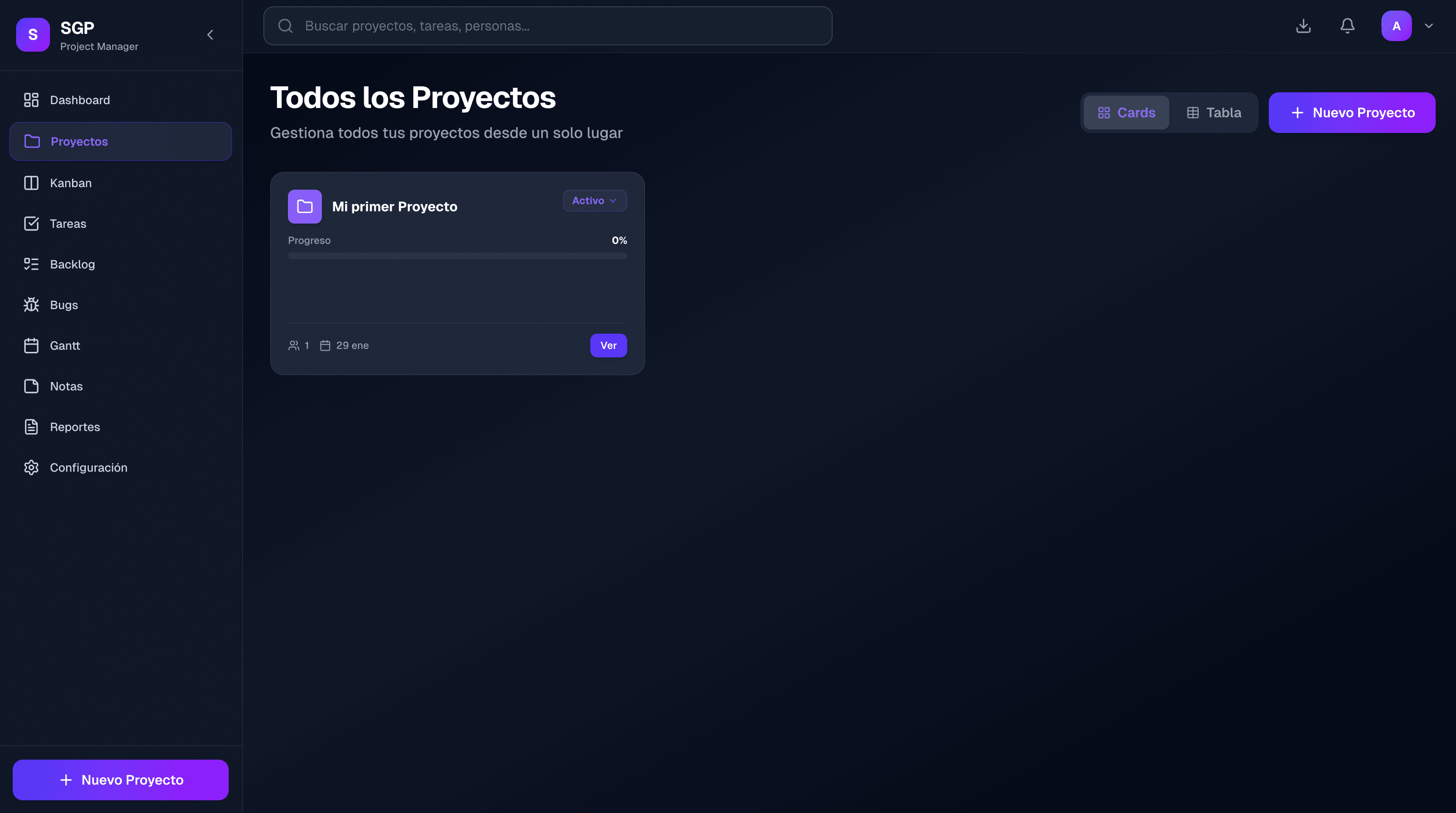 Lista de proyectos en SGP