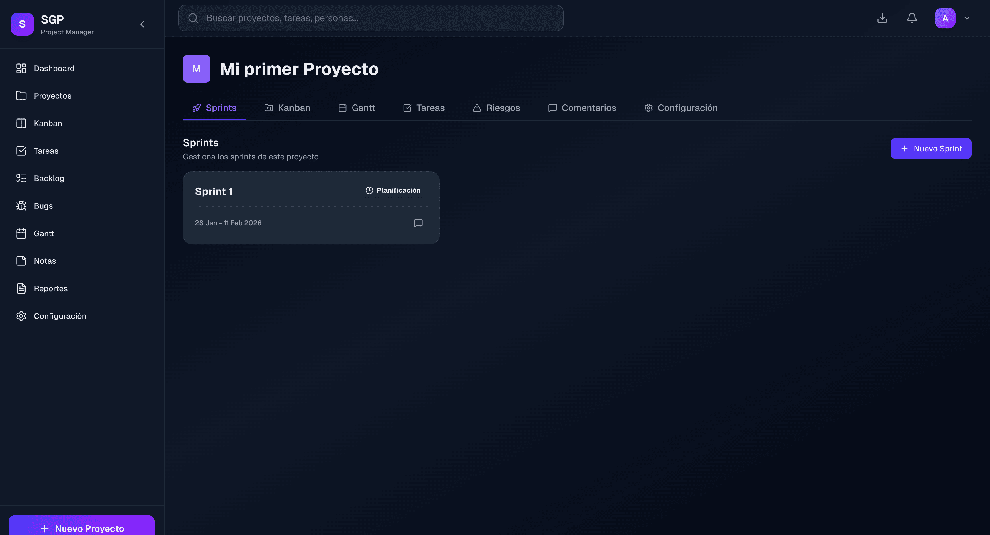 Vista de Sprints en SGP